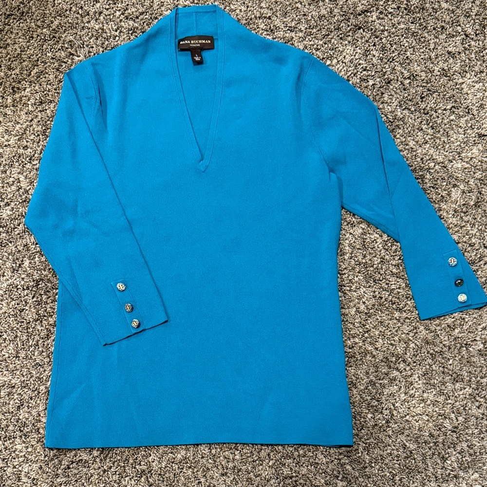 Women’s Blue V-Neck Sweater with Button Cuffs